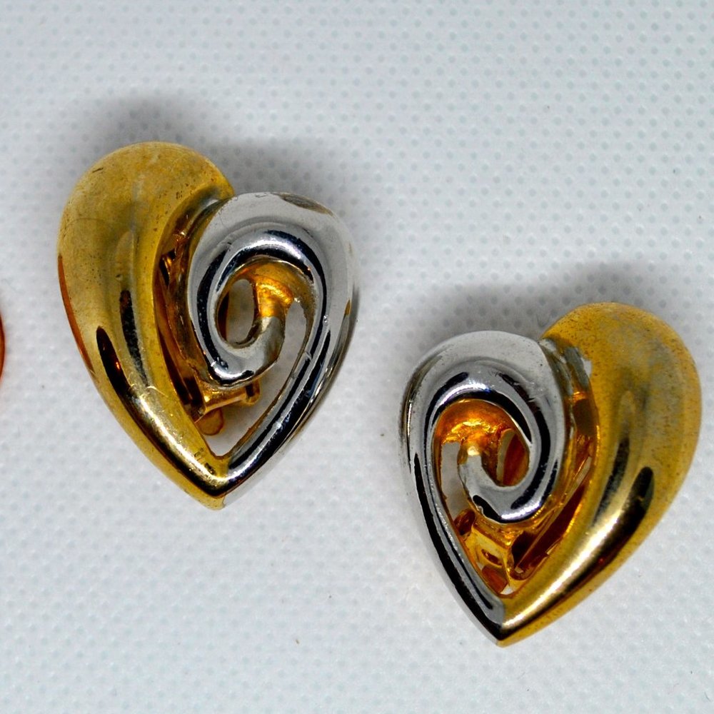 Vintage Two Tone Heart Clip On Earrings